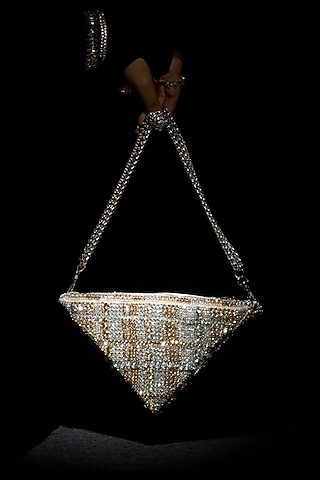 Gold & Silver Silk Hand Embroidered Triangle Clutch by Ozel