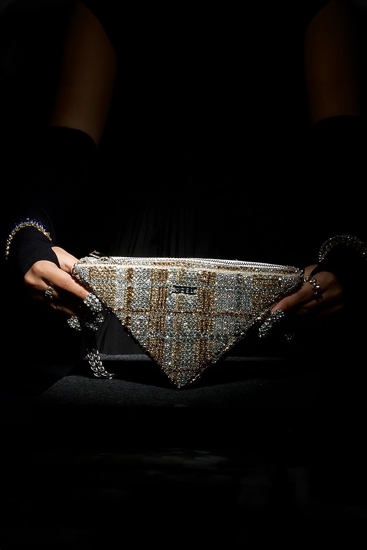 Gold & Silver Silk Hand Embroidered Triangle Clutch by Ozel at Pernia's Pop Up Shop