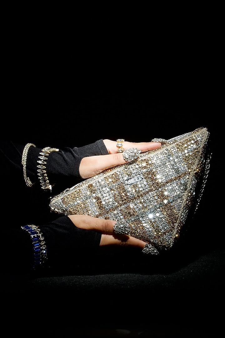 Gold & Silver Silk Hand Embroidered Triangle Clutch by Ozel at Pernia's Pop Up Shop