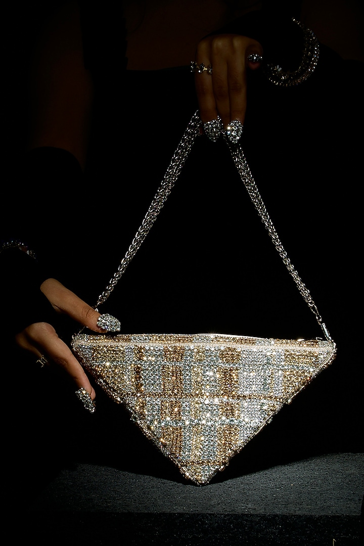 Gold & Silver Silk Hand Embroidered Triangle Clutch by Ozel at Pernia's Pop Up Shop