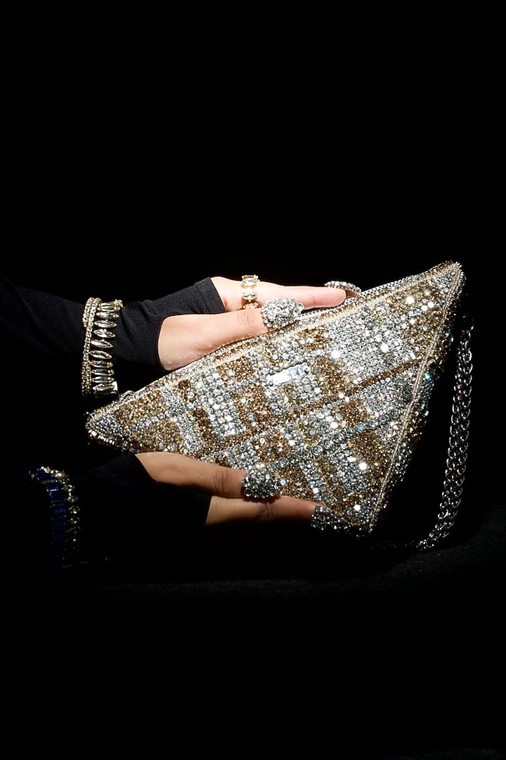 Gold & Silver Silk Hand Embroidered Triangle Clutch by Ozel at Pernia's Pop Up Shop