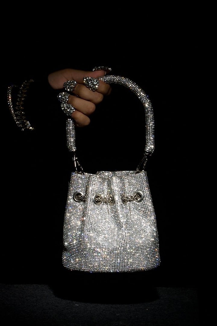 Silver Fabric Embellished Mini Bucket Bag by Ozel