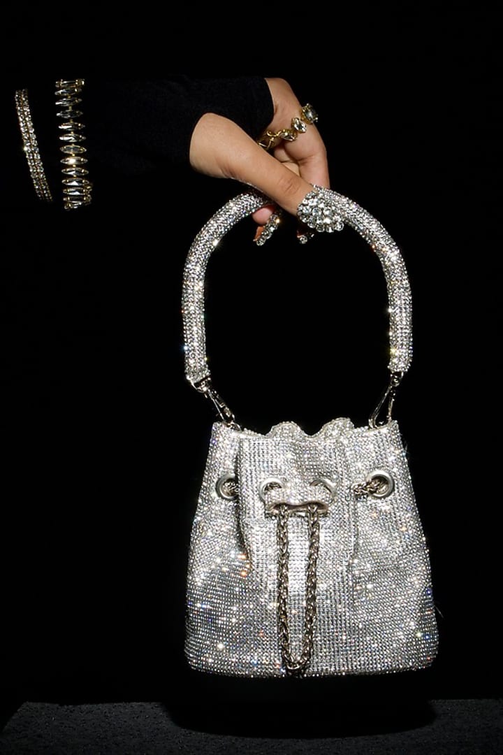 Silver Fabric Embellished Mini Bucket Bag by Ozel at Pernia's Pop Up Shop