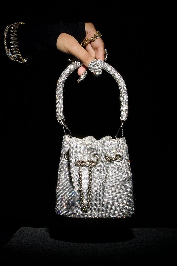 Silver Fabric Embellished Mini Bucket Bag by Ozel at Pernia's Pop Up Shop