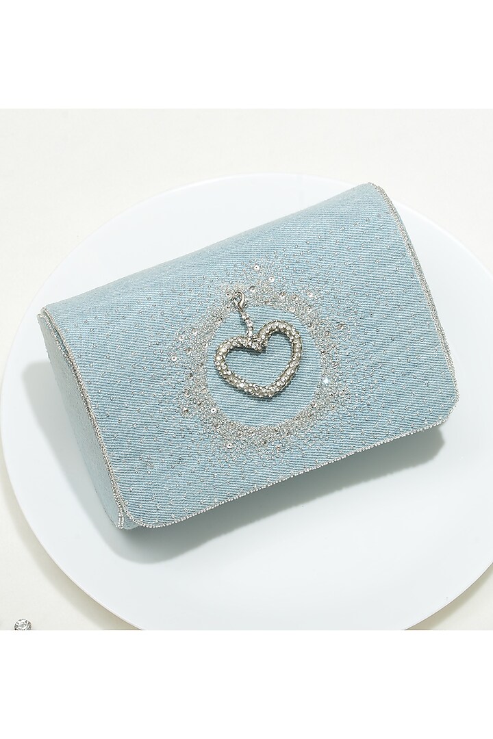 Blue Fabric Embroidered Denim Clutch by Ozel