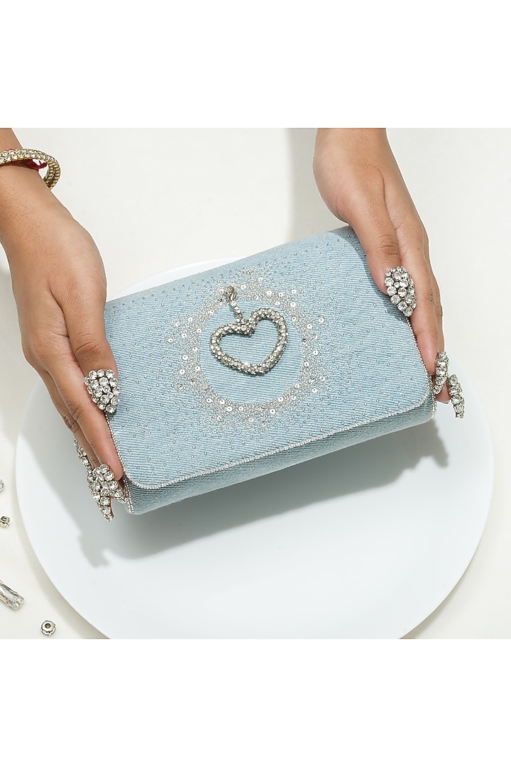 Blue Fabric Embroidered Denim Clutch by Ozel at Pernia's Pop Up Shop