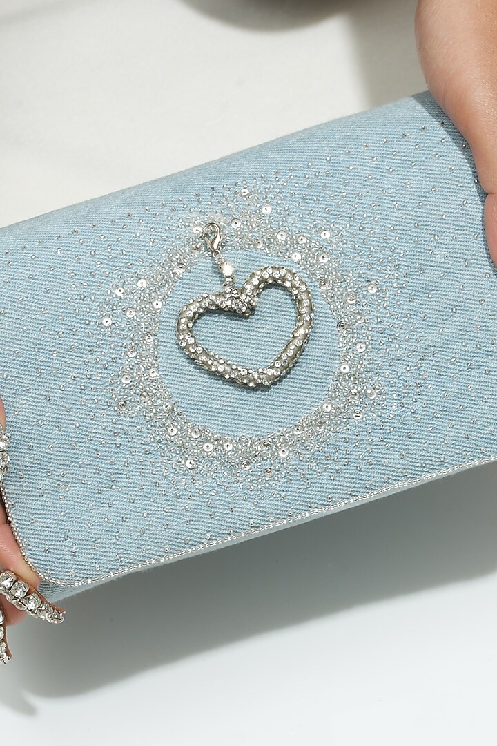 Blue Fabric Embroidered Denim Clutch by Ozel at Pernia's Pop Up Shop