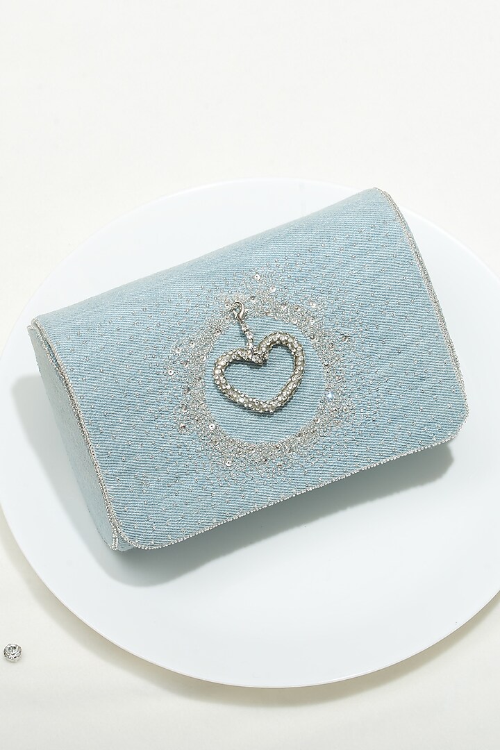 Blue Fabric Embroidered Denim Clutch by Ozel at Pernia's Pop Up Shop