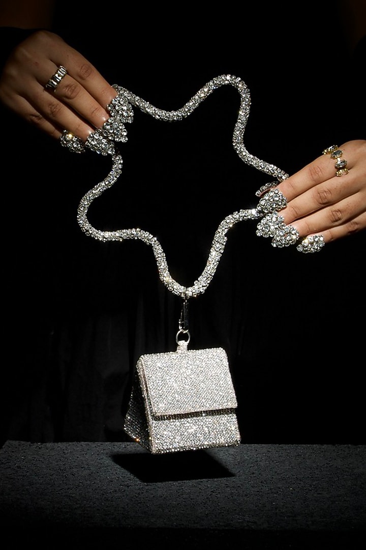 Silver Fabric Embroidered Nano Bag by Ozel at Pernia's Pop Up Shop