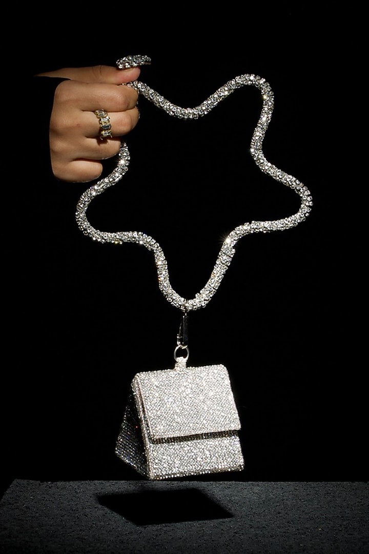 Silver Fabric Embroidered Nano Bag by Ozel at Pernia's Pop Up Shop