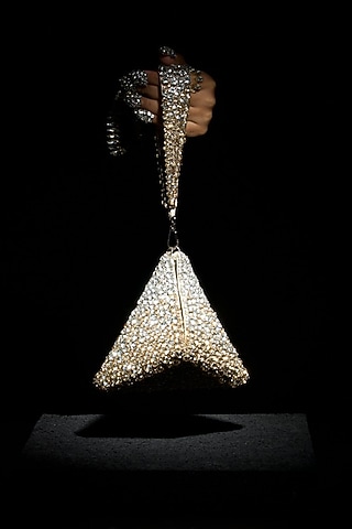 Gold & Silver Fabric Embroidered Mini Pyramid clutch by Ozel