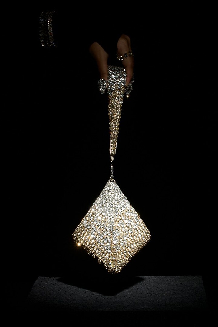 Gold & Silver Fabric Embroidered Mini Pyramid clutch by Ozel at Pernia's Pop Up Shop