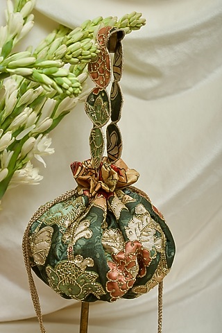 Green Fabric Printed & Hand Embroidered Potli by Ozel