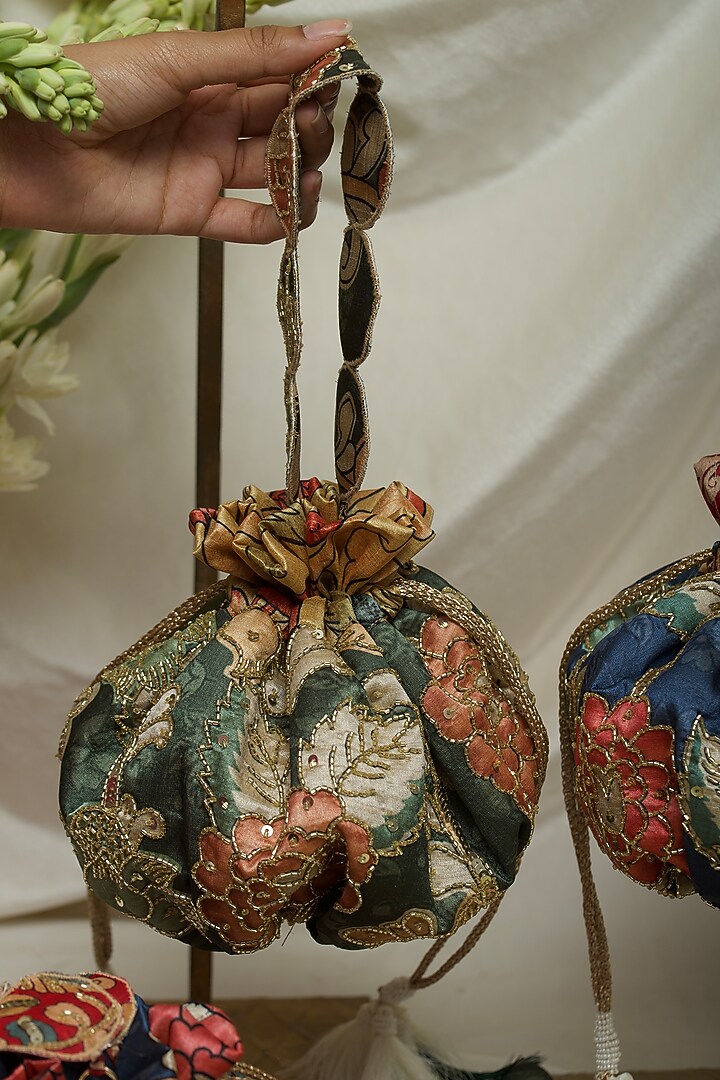 Green Fabric Printed & Hand Embroidered Potli by Ozel at Pernia's Pop Up Shop