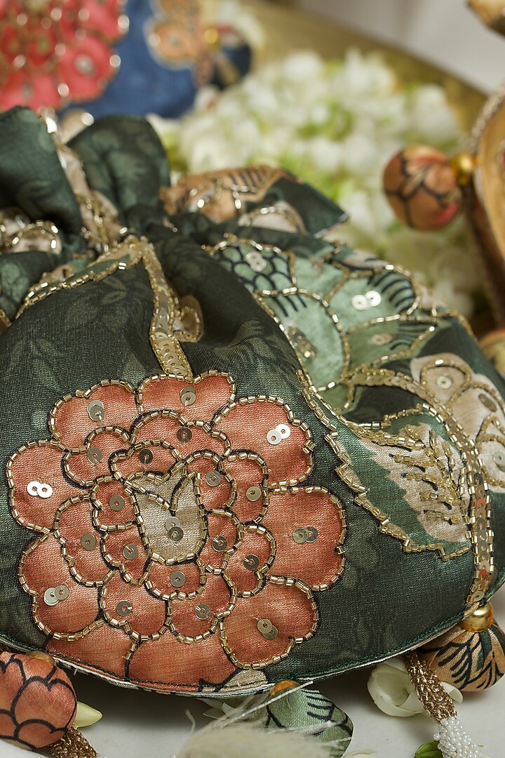 Green Fabric Printed & Hand Embroidered U-shaped Potli by Ozel at Pernia's Pop Up Shop