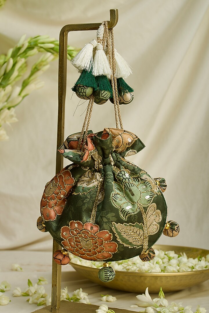Green Fabric Printed & Hand Embroidered U-shaped Potli by Ozel at Pernia's Pop Up Shop