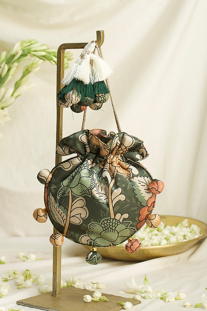 Green Fabric Printed & Hand Embroidered U-shaped Potli by Ozel at Pernia's Pop Up Shop
