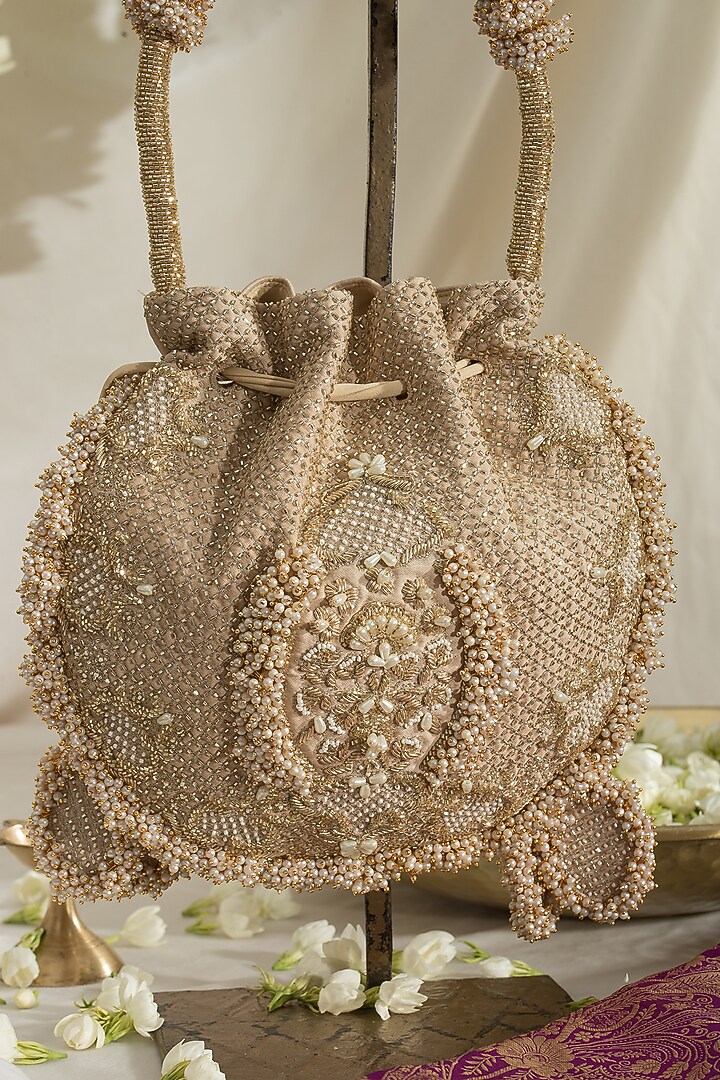 Gold Fabric Embroidered Potli by Ozel at Pernia's Pop Up Shop