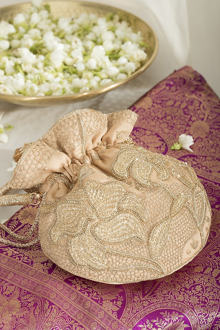 Gold Fabric Embroidered Potli by Ozel at Pernia's Pop Up Shop