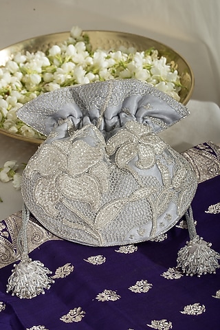 Silver Fabric Embroidered Potli by Ozel