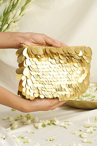 Gold Silk Hand Embroidered Clutch by Ozel