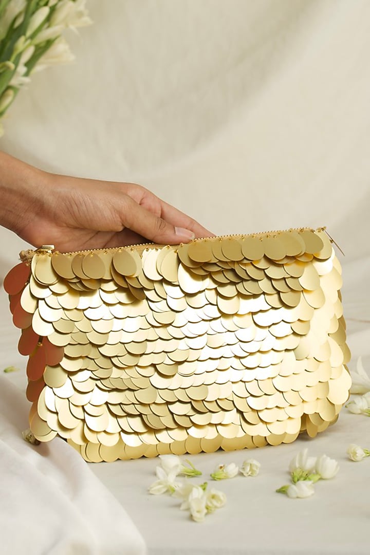 Gold Silk Hand Embroidered Clutch by Ozel at Pernia's Pop Up Shop