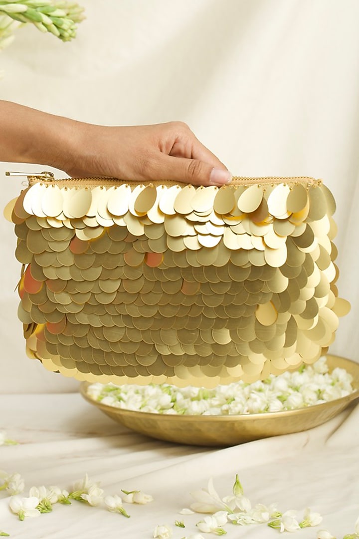 Gold Silk Hand Embroidered Clutch by Ozel at Pernia's Pop Up Shop