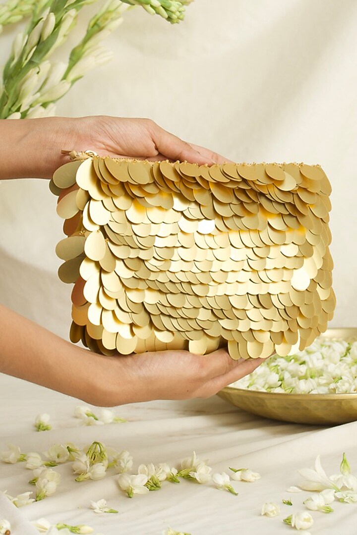 Gold Silk Hand Embroidered Clutch by Ozel at Pernia's Pop Up Shop