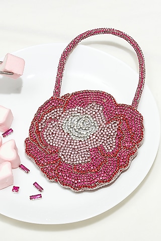 Pink Silk Hand Embroidered Rose Clutch by Ozel