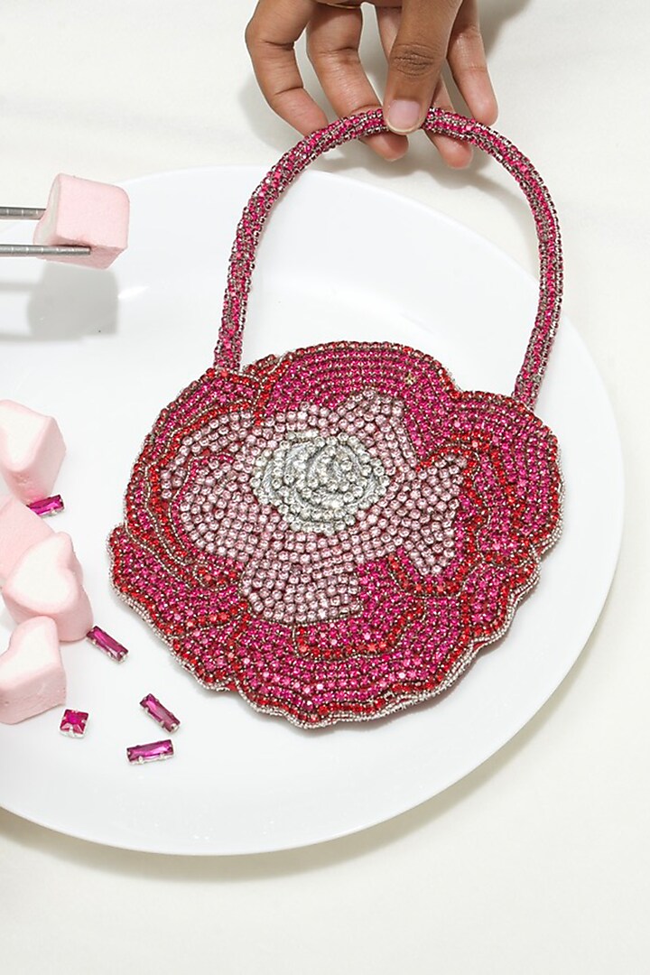 Pink Silk Hand Embroidered Rose Clutch by Ozel at Pernia's Pop Up Shop