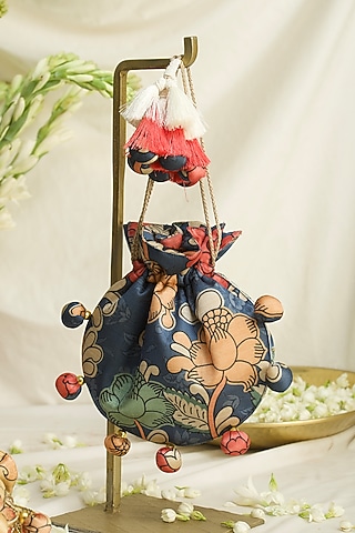 Blue Fabric Printed & Hand Embroidered U-shaped Potli by Ozel