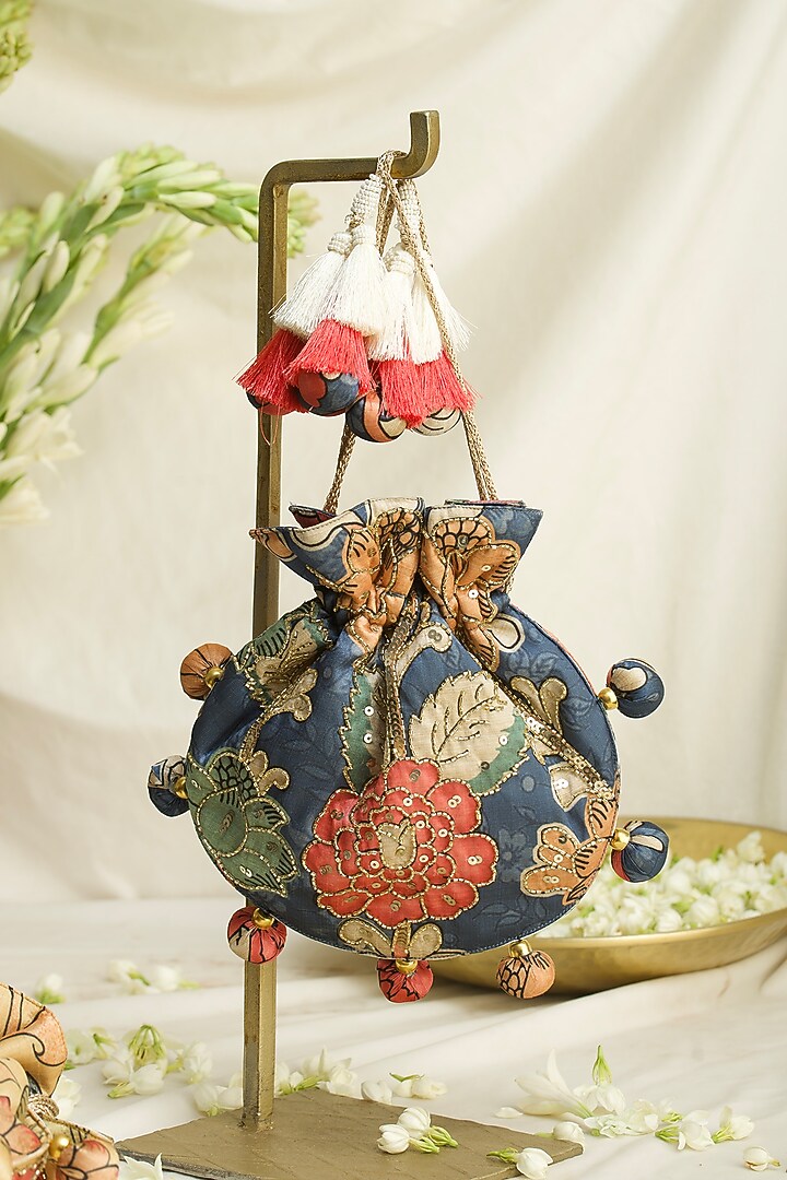 Blue Fabric Printed & Hand Embroidered U-shaped Potli by Ozel at Pernia's Pop Up Shop