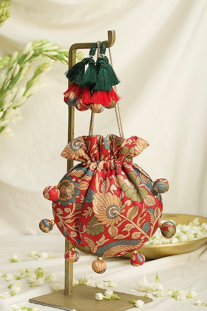 Red Fabric Printed & Hand Embroidered U-shaped Potli by Ozel