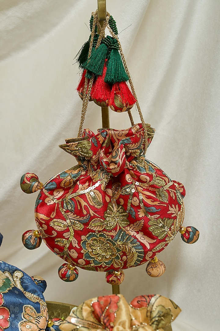 Red Fabric Printed & Hand Embroidered U-shaped Potli by Ozel at Pernia's Pop Up Shop