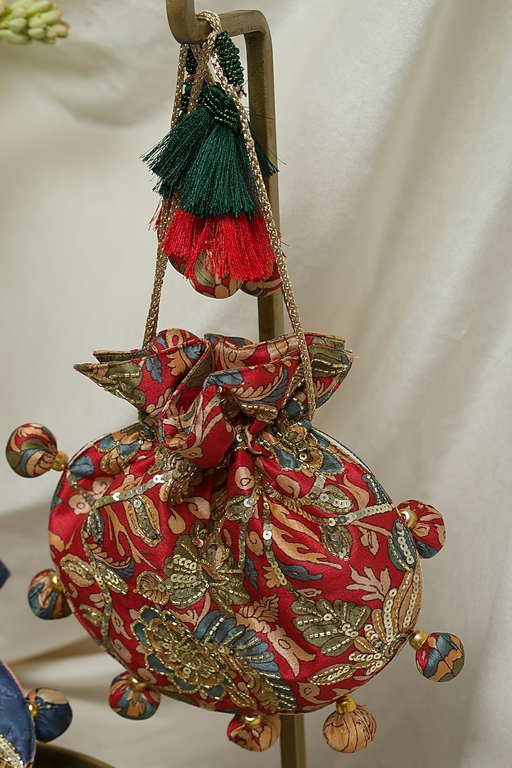 Red Fabric Printed & Hand Embroidered U-shaped Potli by Ozel at Pernia's Pop Up Shop