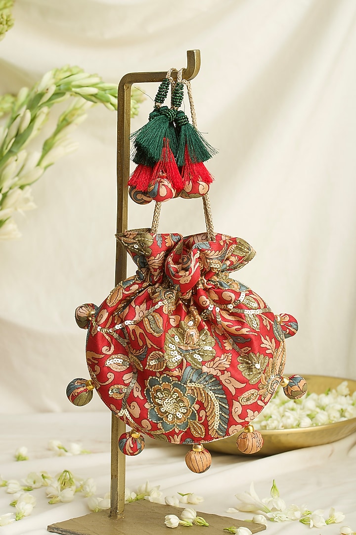 Red Fabric Printed & Hand Embroidered U-shaped Potli by Ozel at Pernia's Pop Up Shop