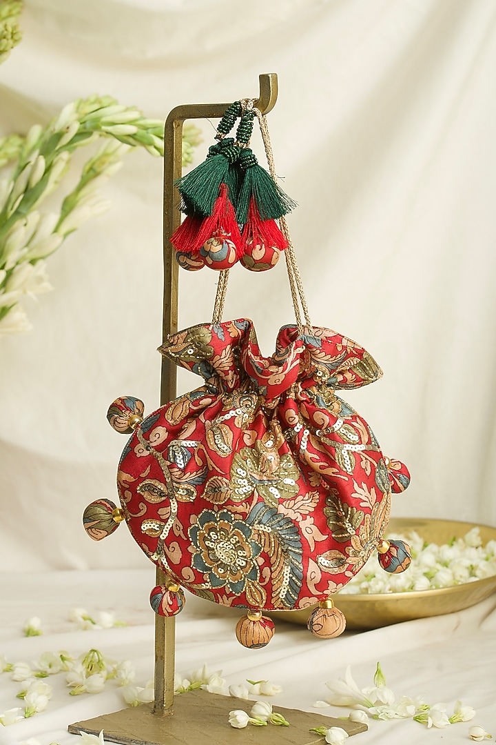 Red Fabric Printed & Hand Embroidered U-shaped Potli by Ozel at Pernia's Pop Up Shop