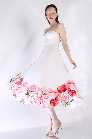 White Neoprene Floral Cutwork Midi Dress With Wrap by OZEQO