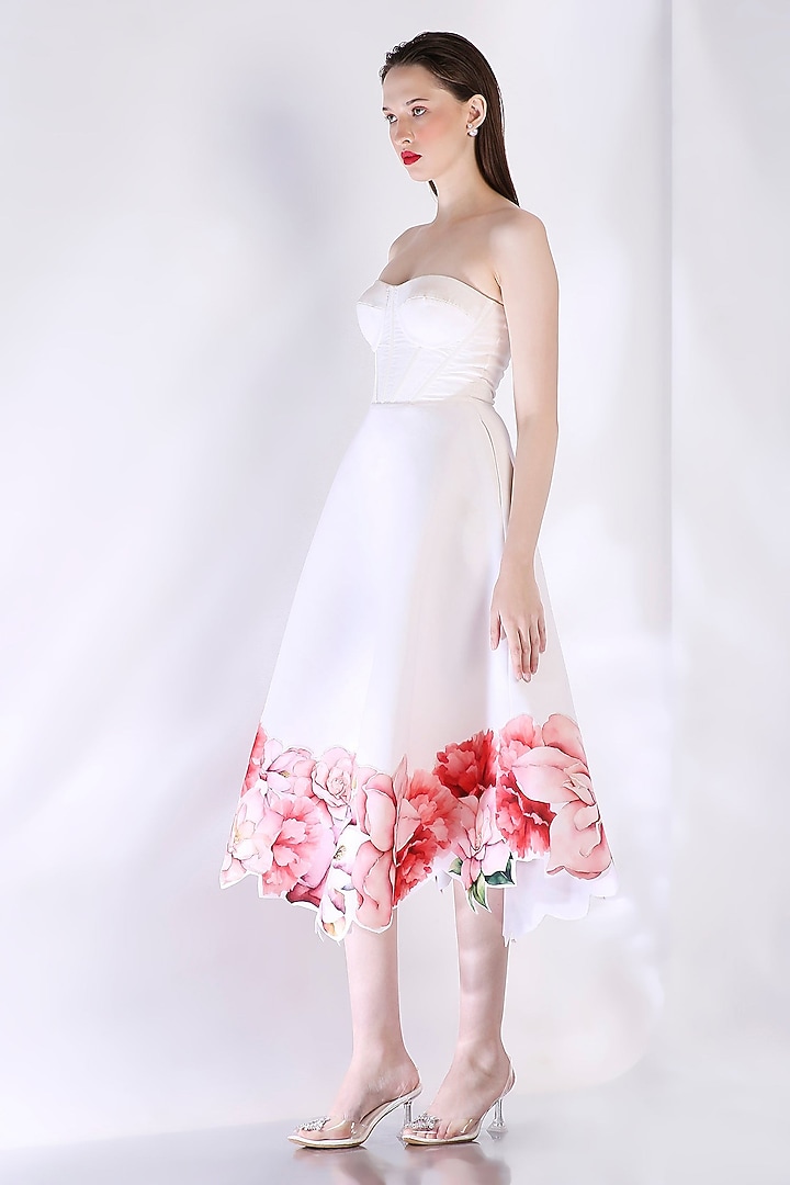 White Neoprene Floral Cutwork Midi Vacation Dress With Wrap by OZEQO at Pernia's Pop Up Shop