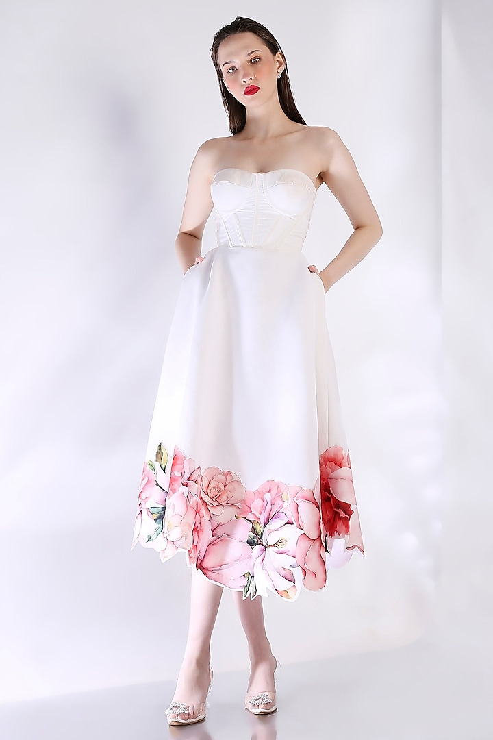 White Neoprene Floral Cutwork Midi Vacation Dress With Wrap by OZEQO at Pernia's Pop Up Shop