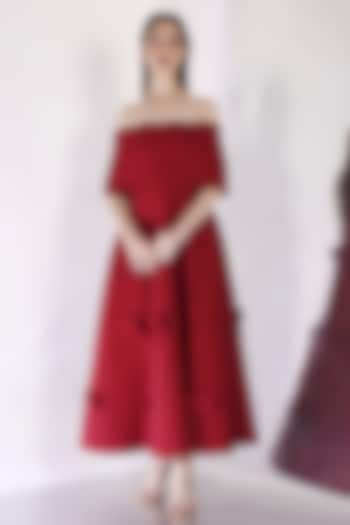 Red Neoprene 3D Heart Applique Work Midi-Calf Vacation Dress With Wrap by OZEQO at Pernia's Pop Up Shop