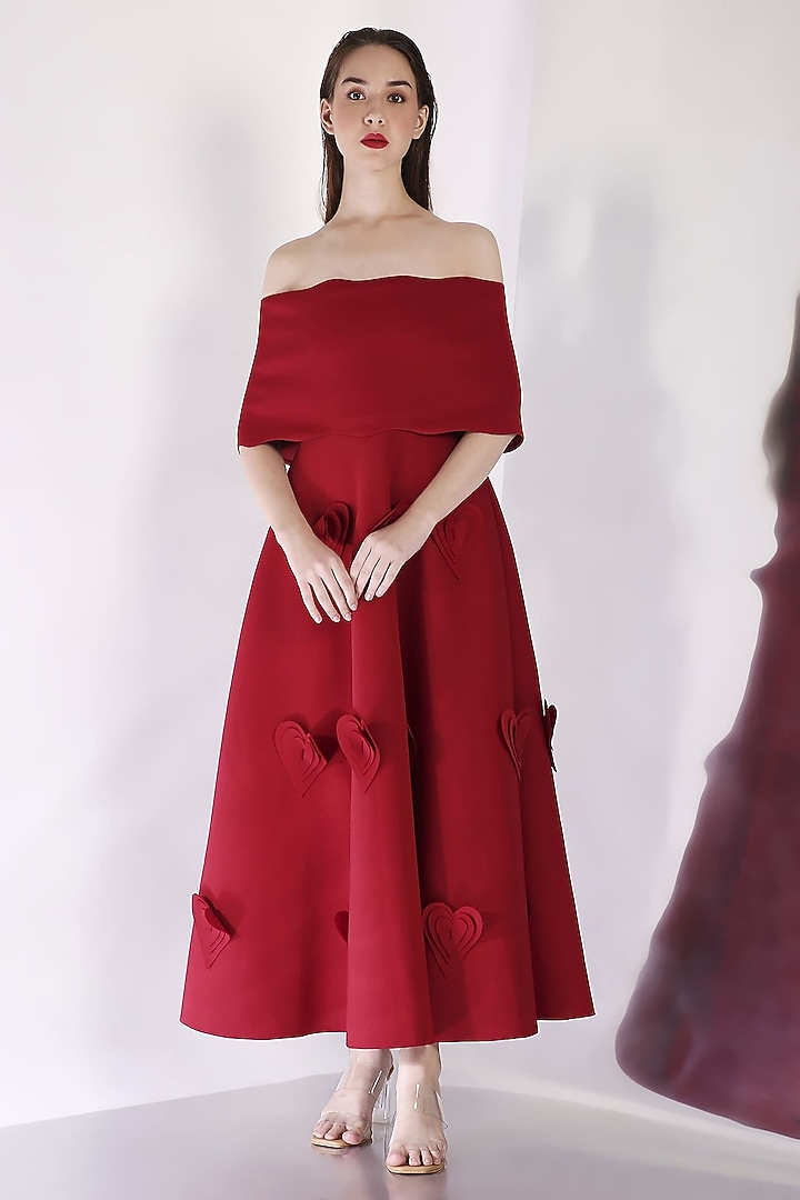 Red Neoprene 3D Heart Applique Work Midi-Calf Vacation Dress With Wrap by OZEQO at Pernia's Pop Up Shop