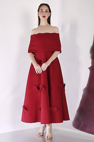 Red Neoprene 3D Heart Applique Work Midi-Calf Dress With Wrap by OZEQO