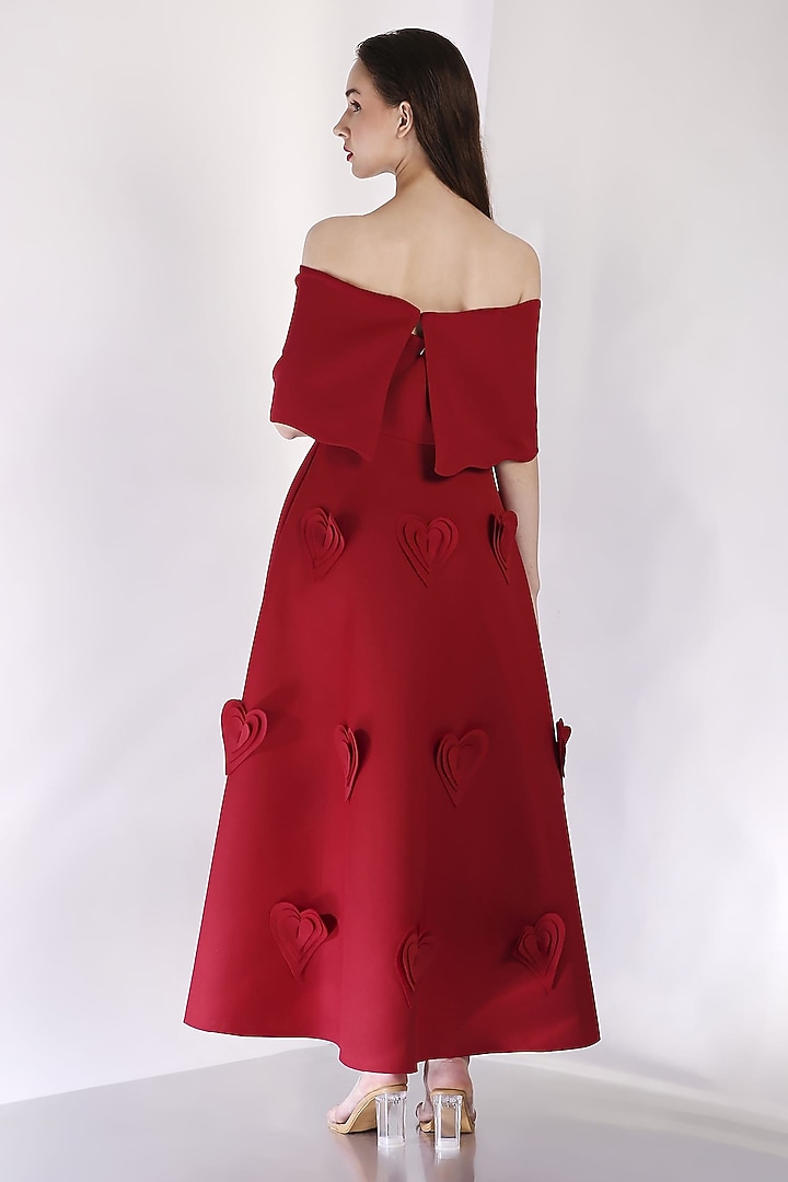 Red Neoprene 3D Heart Applique Work Midi-Calf Vacation Dress With Wrap by OZEQO at Pernia's Pop Up Shop