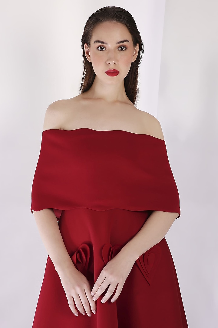 Red Neoprene 3D Heart Applique Work Midi-Calf Vacation Dress With Wrap by OZEQO at Pernia's Pop Up Shop