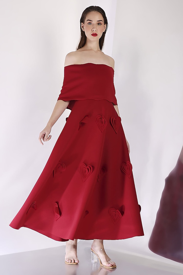 Red Neoprene 3D Heart Applique Work Midi-Calf Vacation Dress With Wrap by OZEQO at Pernia's Pop Up Shop