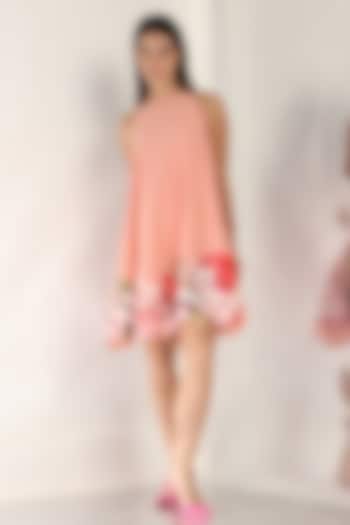 Peach Neoprene Hand-Sculpted Floral Applique Work Summer Dress by OZEQO at Pernia's Pop Up Shop