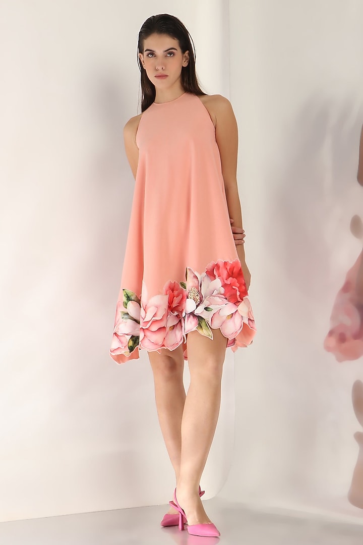 Peach Neoprene Hand-Sculpted Floral Applique Work Summer Dress by OZEQO at Pernia's Pop Up Shop