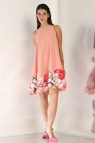 Peach Neoprene Hand-Sculpted Floral Applique Work Dress by OZEQO