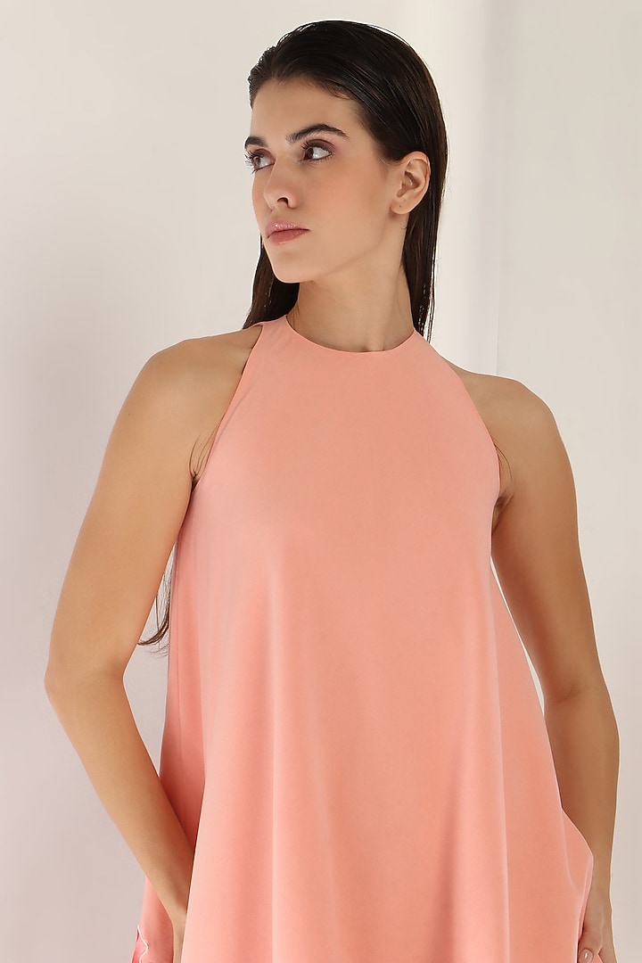 Peach Neoprene Hand-Sculpted Floral Applique Work Summer Dress by OZEQO at Pernia's Pop Up Shop